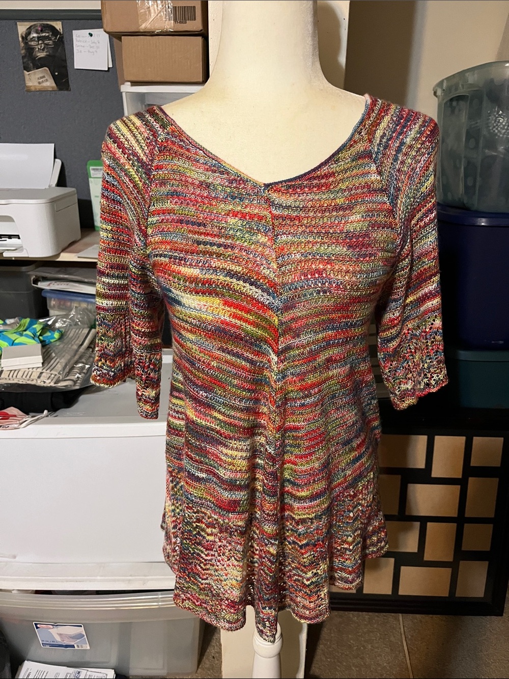 Faded Glory Multicolor Striped Knit V-Neck Tunic — Red, Yellow, Green, Blue
